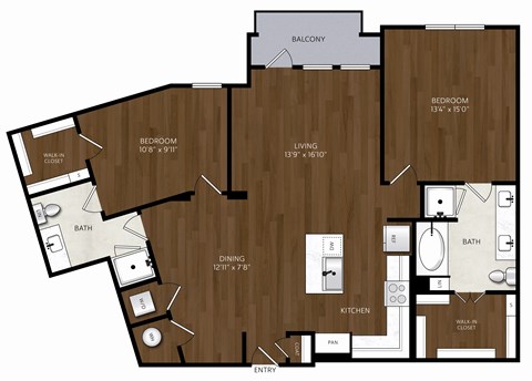 Floor plan for 2 beds, 2 baths, 1309 sqft